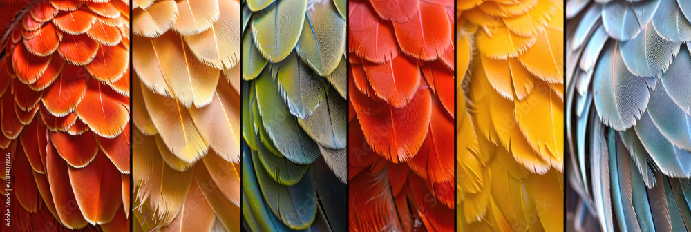 Poster vibrant feathers from a multicolored parrot arranged neatly in a row, showcasing a colorful display 