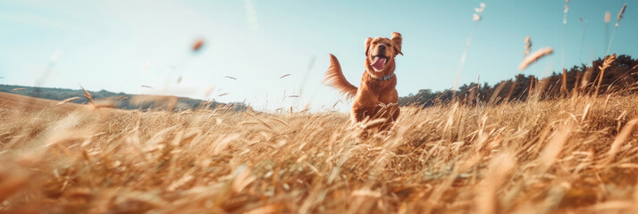 A dog energetically running through a field of tall grass - obrazy, fototapety, plakaty