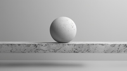 A single white textured sphere resting on a rough concrete beam against a neutral background. Generative AI