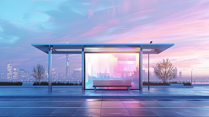 a bus stop featuring a sleek glass roof, a vertical poster adorning the wall, and a comfortable bench, set against the backdrop of a modern cityscape bustling with activity.