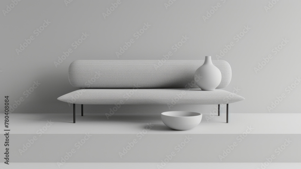 Poster a white couch is placed on top of a white table in a simple and minimalist setting