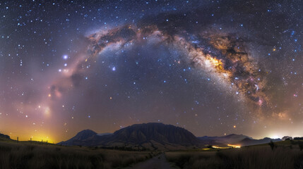 The night sky with the Milky Way galaxy prominently visible in the background, showcasing a cosmic...