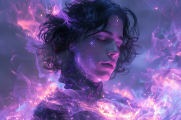A digital illustration of a male figure immersed in a cosmic purple plasma-like environment, Generative AI