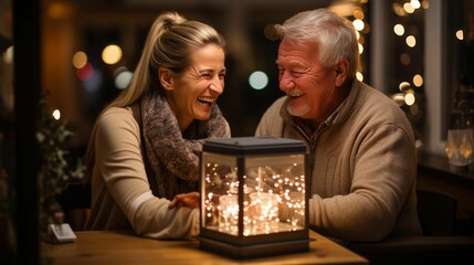 AI generated illustration of a senior couple sitting at a table in a cafe with a glowing lantern