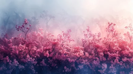 Abwaschbare Fototapete Enchanted Forest of Pink Blooms in Mist. Generative AI © Vilaysack