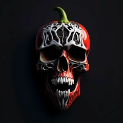 a human skull set against a deep black background with a red bell underneath