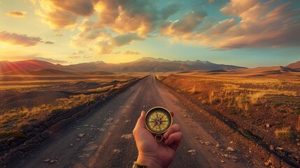 Hand with compass at mountain road at sunset sky - obrazy, fototapety, plakaty