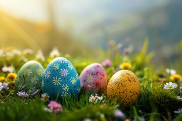 AI generated illustration of Easter eggs in grass with sunlight beam