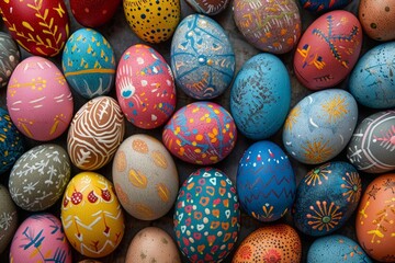 AI generated illustration of Vibrantly painted eggs stacked on a tray in a colorful display - obrazy, fototapety, plakaty