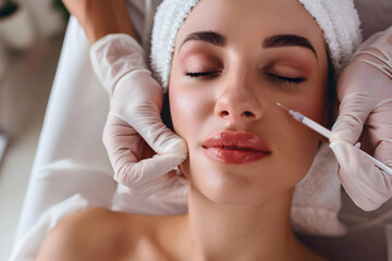 Gentle hyaluronic acid filler treatment technique for beauty enhancement. Beauty injection to protect youth of skin. Injecting filler for skin care, dermal filler. Beauty salon professional care