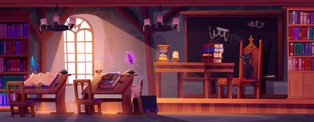 Magic school room interior for wizard and witch study. Cartoon vector medieval classroom with furniture and equipment - desk and chair, chalkboard and books, ink with feather, black cat teacher. - obrazy, fototapety, plakaty