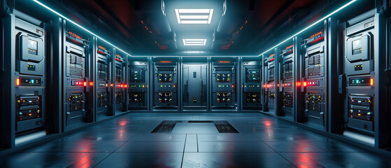 Futuristic Data Center Corridor: Modern Server Room with Advanced Computing Equipment, Symbolizing Connectivity and Innovation - obrazy, fototapety, plakaty