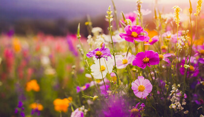 Obraz premium Close-up of field with blooming flowers and herbs. Bild plants. Spring or summer season.