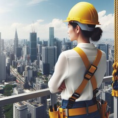 A person in construction attire, including a yellow helmet