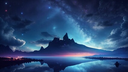 AI generated illustration of a mountain range reflecting on a lake under a starry night sky