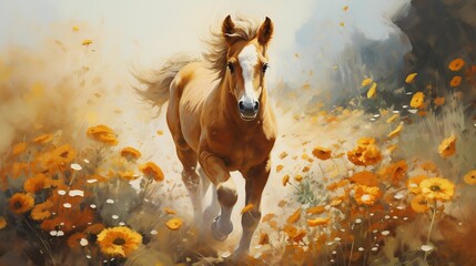 AI generated illustration of a majestic horse standing in a field of bright yellow flowers - obrazy, fototapety, plakaty