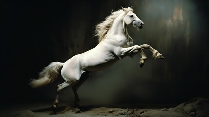Obraz premium AI generated illustration of a majestic white horse standing in a dark room