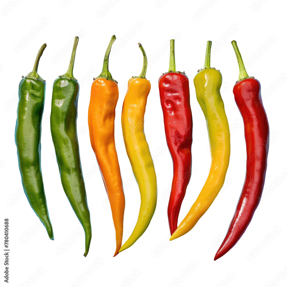 Poster several peppers in a row on a transparent background