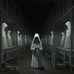AI generated illustration of a mysterious white hooded figure walking among others - obrazy, fototapety, plakaty