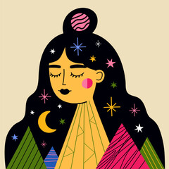 Vector illustration with long hair woman, mountains, abstract elements, stars and planets. Nature universe female poster, home decoration print design - 780410885