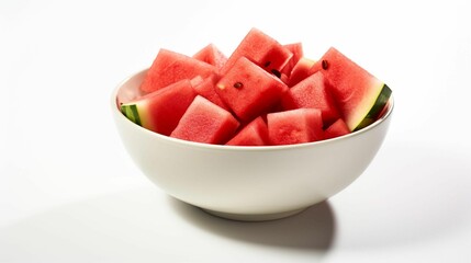 AI generated illustration of a white ceramic bowl filled with cubed watermelon pieces