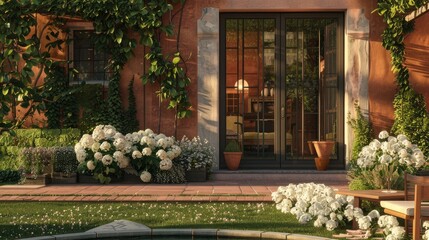 Fototapeta na wymiar a terracotta house, boasting a spacious patio door leading to a picturesque garden adorned with a pond and elegant white hydrangeas, offering a harmonious blend of natural serenity and refined comfort