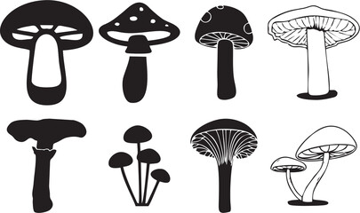 Set of different mushrooms. Medication Poisonous mushroom black icons to reuse in designing poster, banner or flyer for medication usage. Media and web marketing theme high quality images.