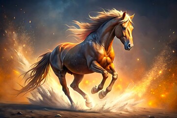 A horse running fast and making dust with a fantasy look