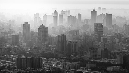 Monochrome photograph of an urban landscape, megalopolis with buildings, skyscrapers on foggy day - Powered by Adobe