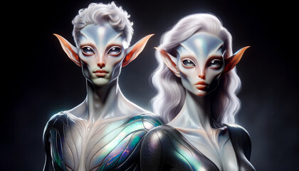 Two ethereal aliens with large, expressive eyes and pointed ears, exude an otherworldly elegance. Their skin has a metallic sheen, complementing their futuristic attire. - obrazy, fototapety, plakaty