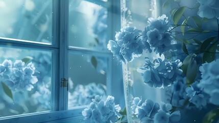 light blue flowers are on a window background poster 