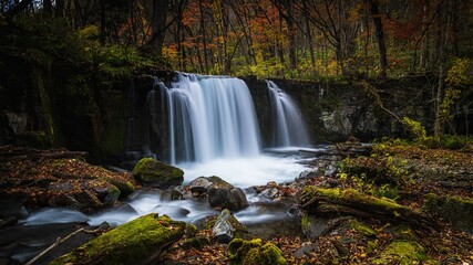 Beautiful waterfall in a forest at fall