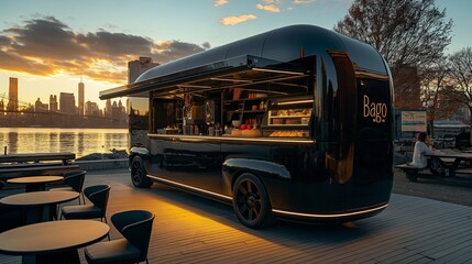 AI generated illustration of a black and gold food truck parked on a bridge by a river - obrazy, fototapety, plakaty