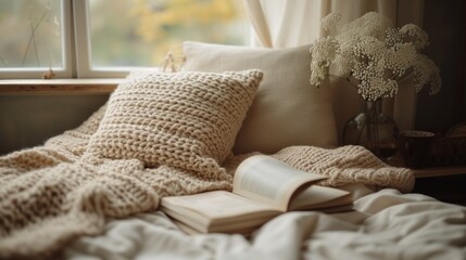 A corner of cozy bedroom or living room at home. Bedroom with window, bed, pillows, bookshelf. Very cute cozy interior design, romantic dim lighting, sun morning lighting. Browns and beiges colors - obrazy, fototapety, plakaty