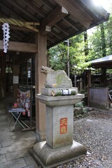 Fototapeta na wymiar Lion statue at a shrine in the bamboo forest not far from the at Fushimi Inari Taisha shrine in Kyoto, Japan