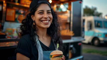 a woman holding up a big hamburger in front of a food truck - obrazy, fototapety, plakaty