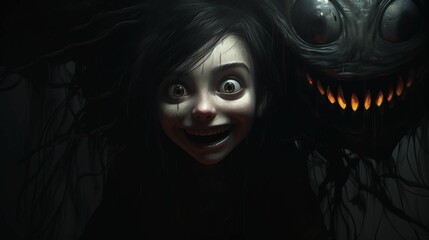 A young female person with an unsettling expression sitting next to a frightening creature