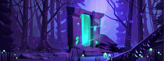 Magic fairy tale portal in night forest. Vector cartoon illustration of stone teleport gate, neon green fireflies glowing in darkness, silhouettes of old fir trees, fantasy time travel game background