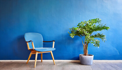 blue wall as background with plant and chair - 780412689