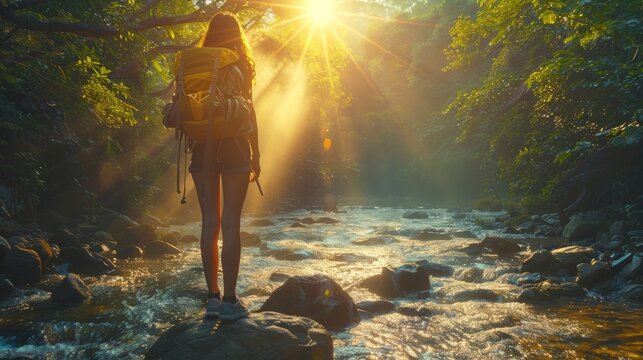 A woman standing on rocks in river, surrounded by mountains forest. Idea of adventure and wanderlust
