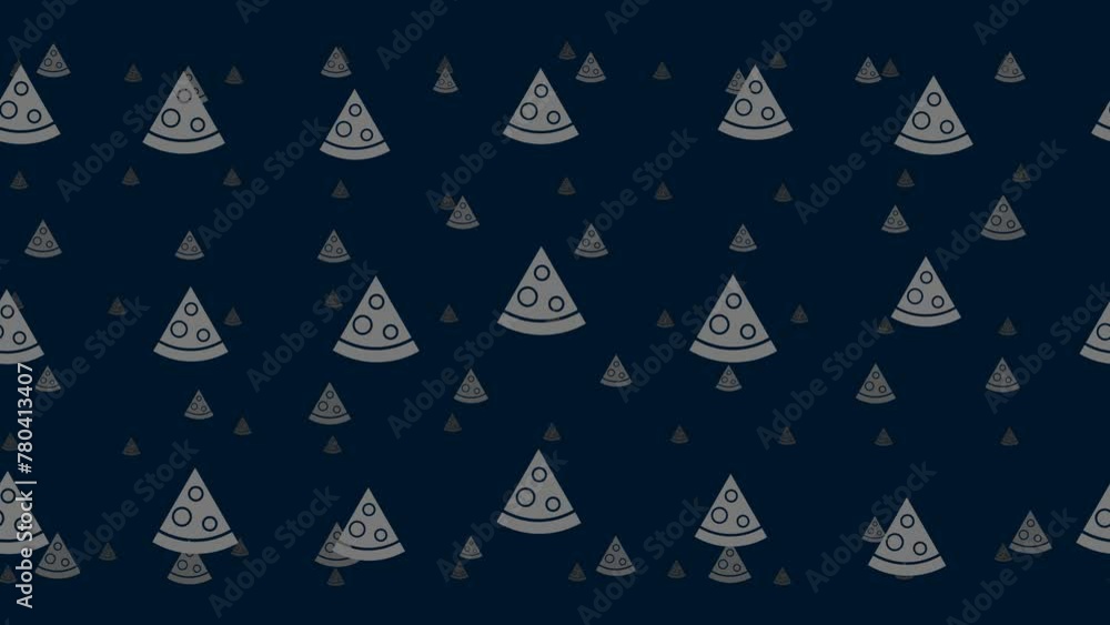 Poster slice of pizzas float horizontally from left to right. parallax fly effect. floating symbols are loc