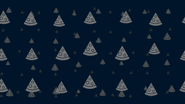 Slice of pizzas float horizontally from left to right. Parallax fly effect. Floating symbols are located randomly. Seamless looped 4k animation on dark blue background