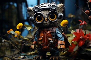 Adorable owl wearing vintage aviator gear and glasses standing next to flowers, AI-generated