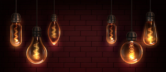 Edison bulb light. Vintage realistic filament background. 3d led retro incandescent lightbulb on ceiling. Interior design with glowing pendant hanging on cable. Dark night brick wall with illumination - obrazy, fototapety, plakaty