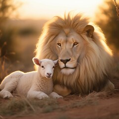 AI generated illustration of A A powerful and heartwarming scene capturing a lion and a lamb