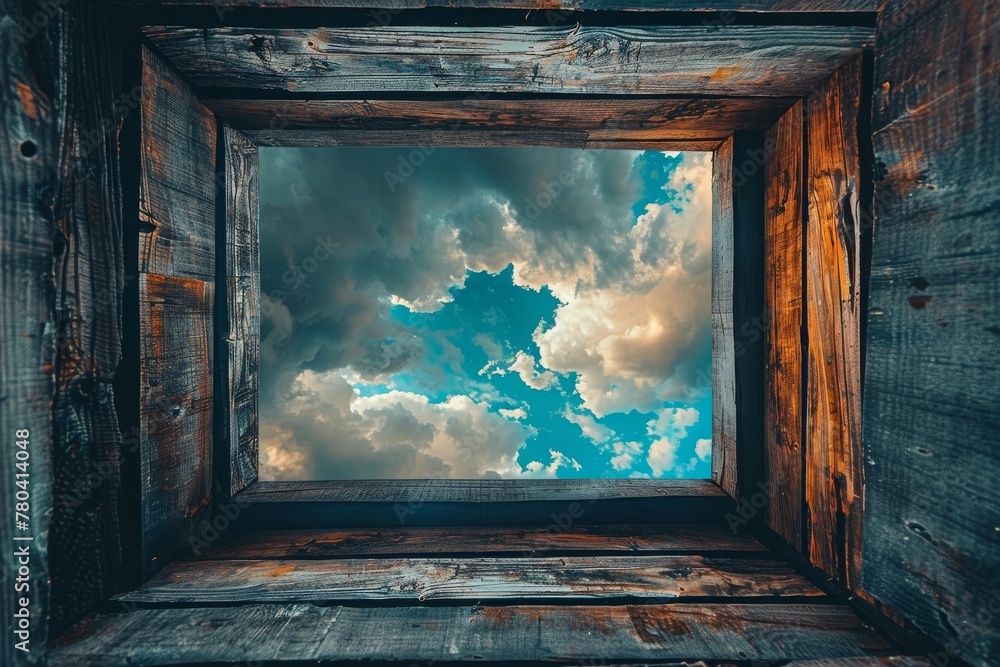 Canvas Prints Wooden window square framed against a skyline cloud backdrop, blending the natural and urban in a style.