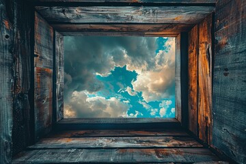Wooden window square framed against a skyline cloud backdrop, blending the natural and urban in a style.