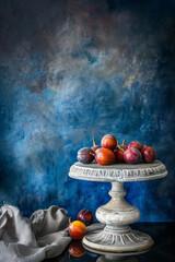 Still life composition of ripe plums arranged on an ornate, vintage pedestal. The backdrop is textured and painted in hues of blue, copy space - 780414076