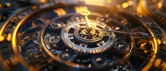 Clockwork Illusion, Metal Gears, Each hour a historical event unfolds, Echoing the past, Photography, Backlit lighting effect, Lens Flare camera effect - obrazy, fototapety, plakaty