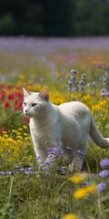 a white cat standing in the middle of a field full of flowers